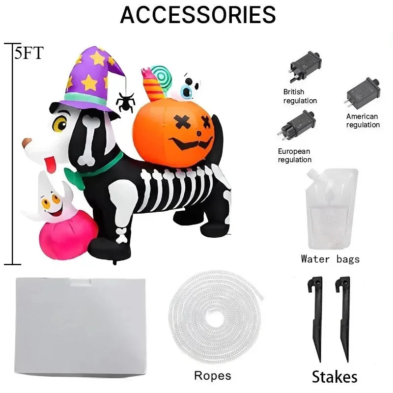 Halloween inflatable skeleton dog with pumpkin and LED lights accessories including water bags ropes and stakes