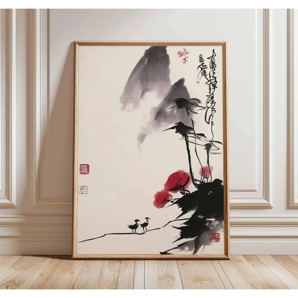 Frameless Japanese tree art canvas print featuring black ink brushstrokes on white paper