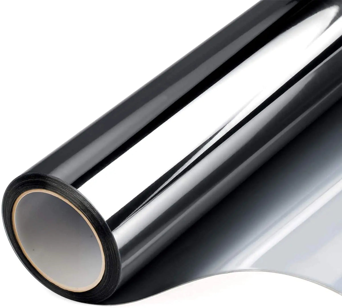 Roll of black privacy window film showing a cross-section and curved surface.