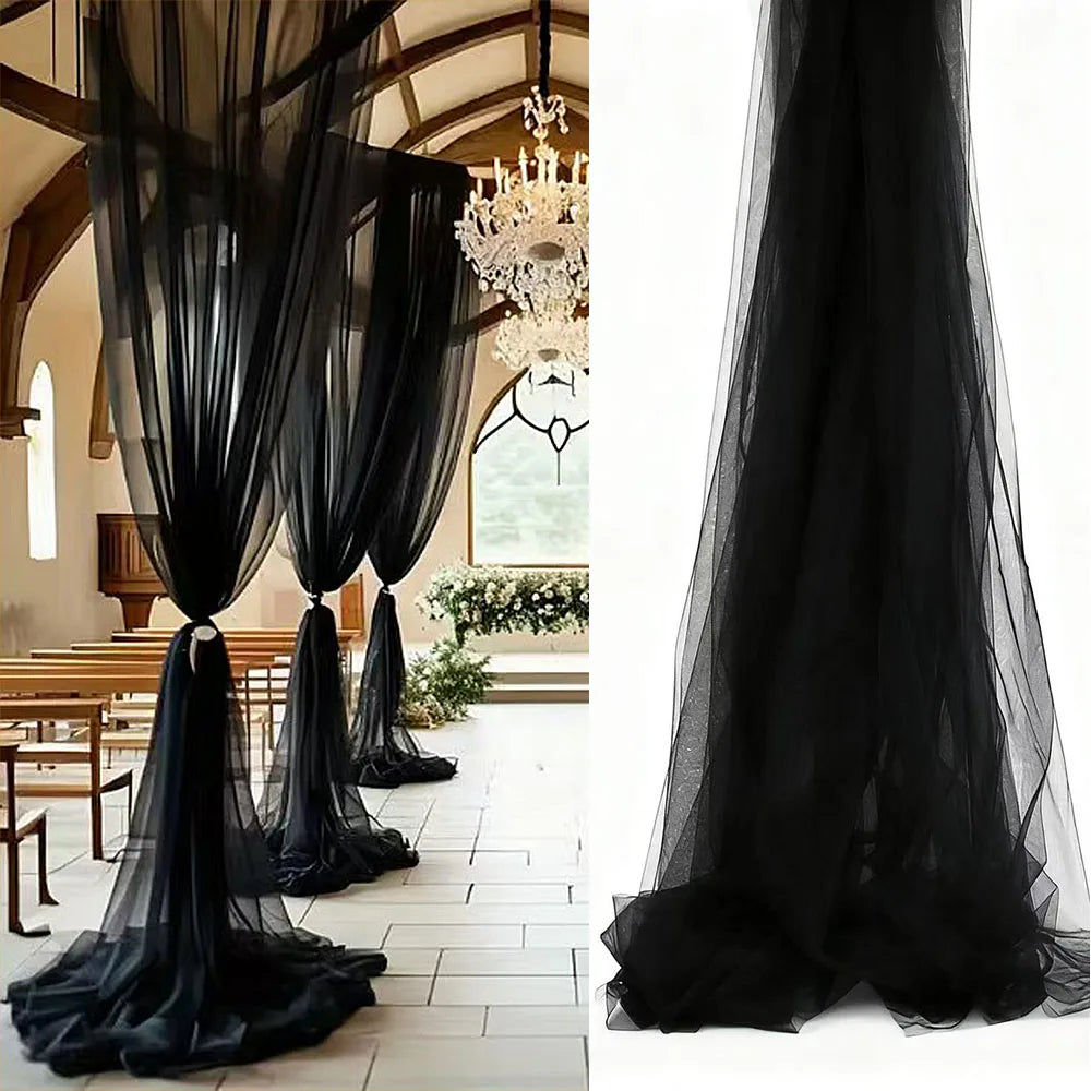 Black sheer tulle draping fabric used for wedding arch backdrop