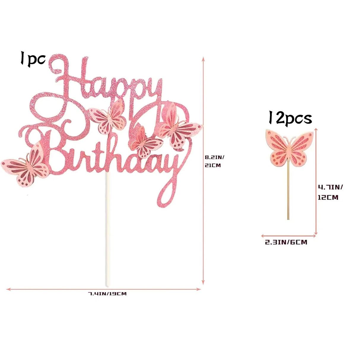 Set of 13 pink butterfly cake toppers spelling out Happy Birthday