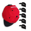 Red hat hooks with black adhesive grips shown in various angles for wall storage