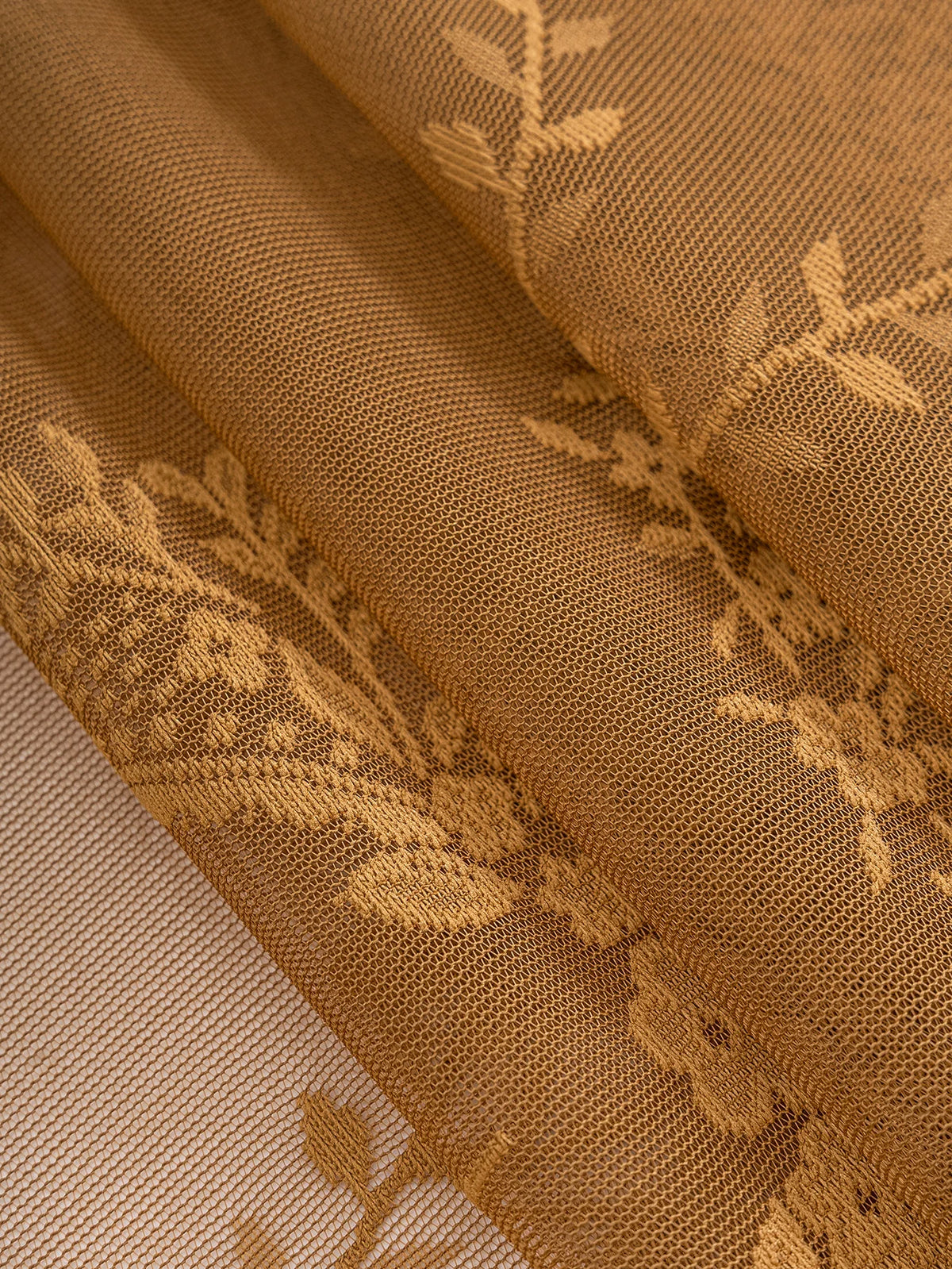 Vintage Golden Floral Lace Sheer Curtains with Ruffled Edge