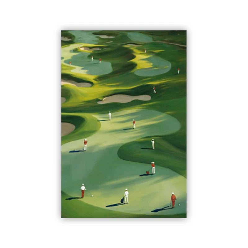 A canvas print depicting a green golf course with several figures playing golf.