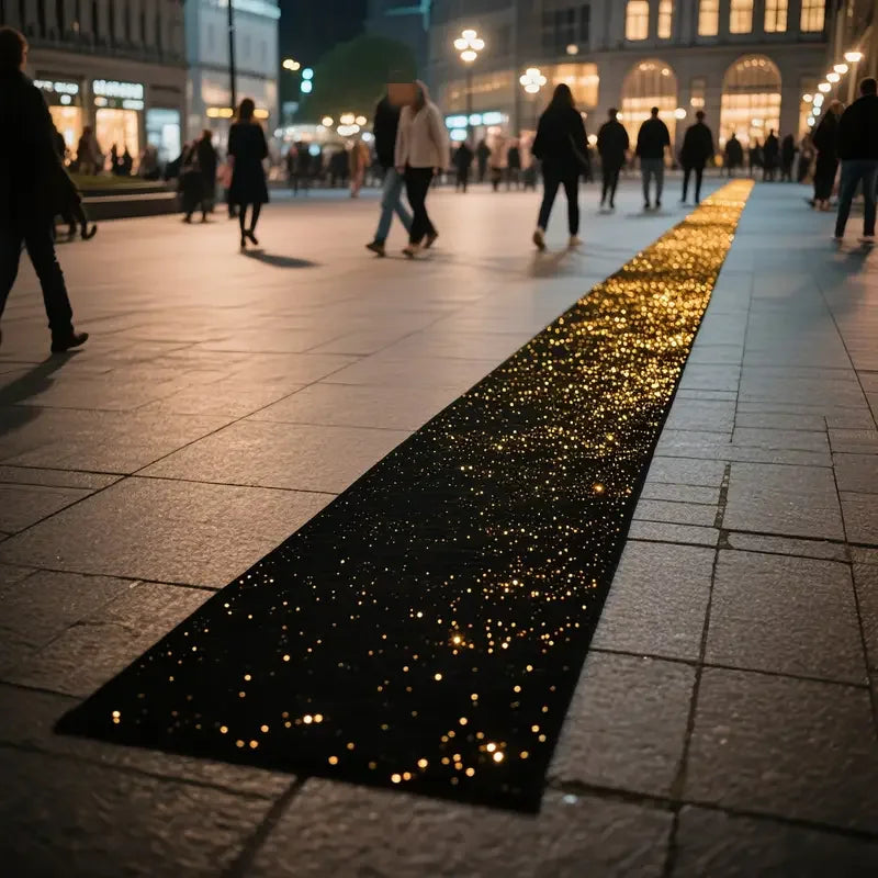 An elegant white sparkling aisle runner laid out on a paved walkway with people walking in the background.