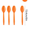A set of 10 orange disposable spoons with a Western design for party use.