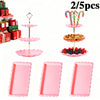 A set of five pink three-tier dessert racks and individual pink trays for tea parties