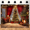 Festive Christmas tree decorated with lights and gifts set against a rustic fireplace backdrop