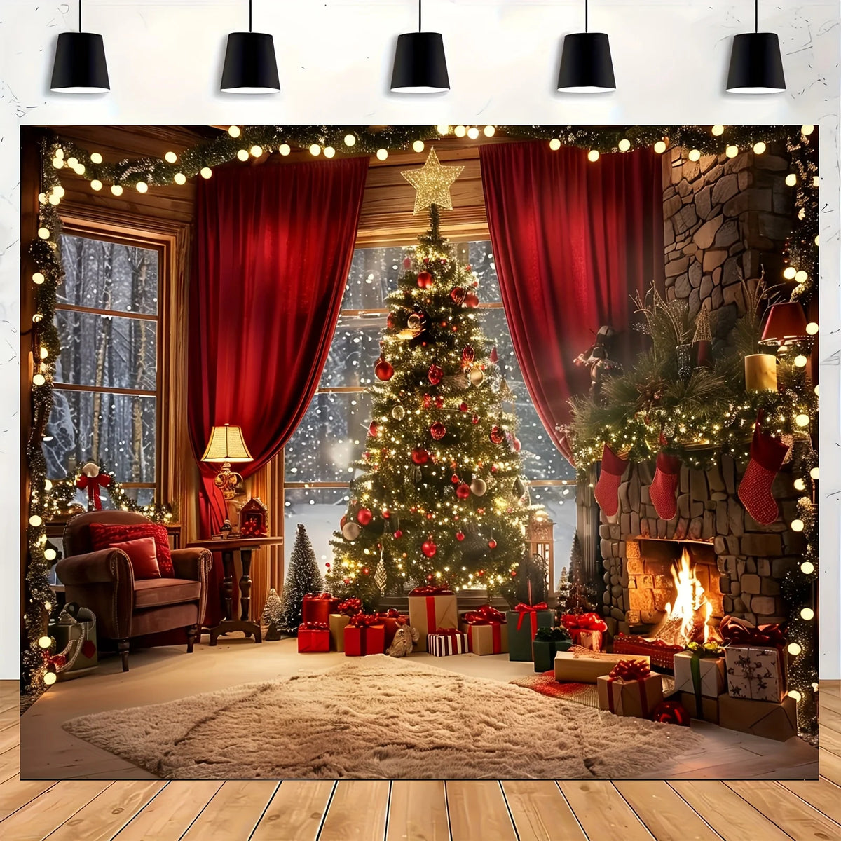 Festive Christmas tree decorated with lights and gifts set against a rustic fireplace backdrop