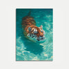 A tiger swimming in turquoise water, viewed from above.