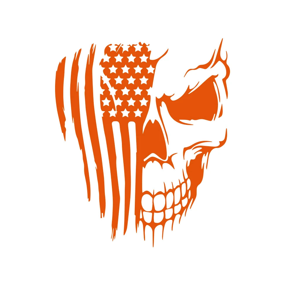 An orange skull design featuring a distressed American flag pattern.