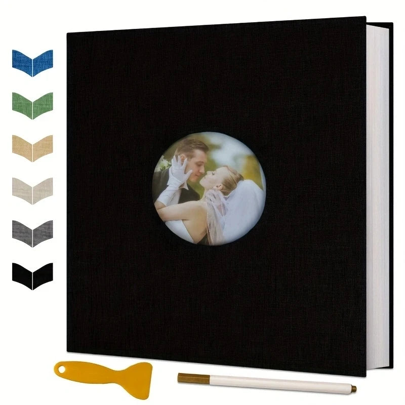 A black magnetic scrapbook album with a circular photo insert and a yellow tool.