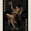 Schwarze Spielkarten-Design mit stilisierter Jokerfigur in Gold und Schwarz mit komplizierten Mustern.