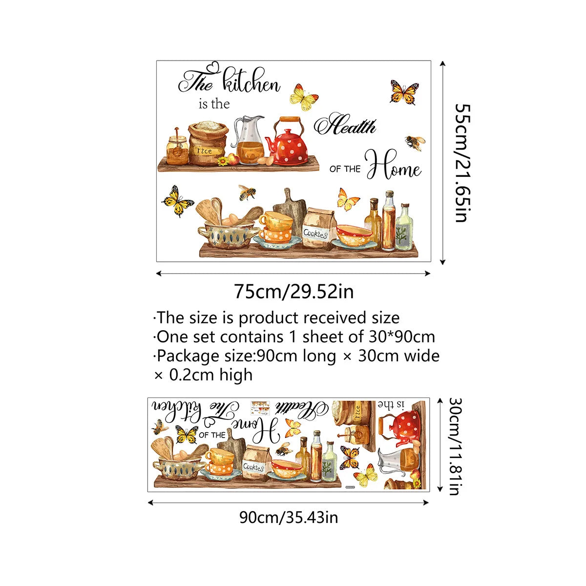 A set of butterfly wall decals featuring kitchen and dining decor items like pots, jars, and utensils.