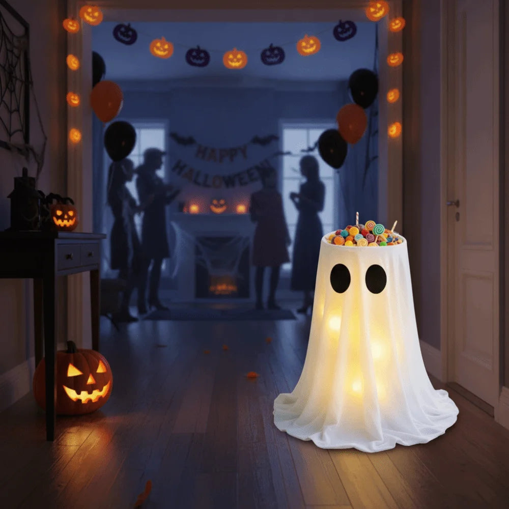 An adjustable glowing ghost Halloween treat bucket with a white fabric drape and internal lights displayed in a dimly lit roo