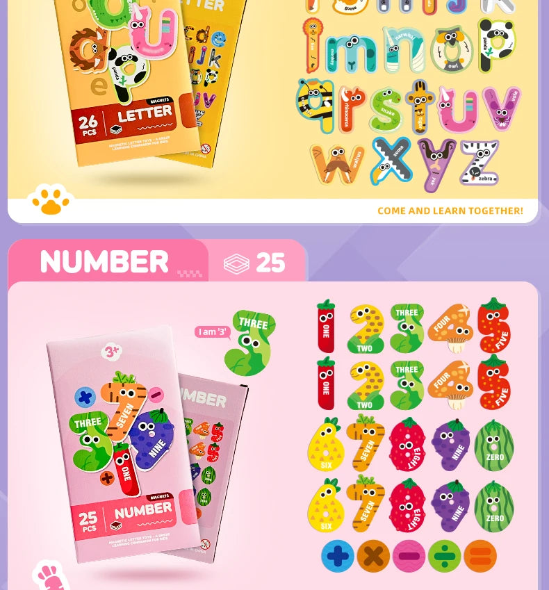 A set of magnetic alphabet and number learning tiles featuring letters A-Z and numbers 0-9 for educational play.