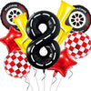 A set of nine foil balloons, including a black number eight and racing themed yellow and red balloons for a birthday party de