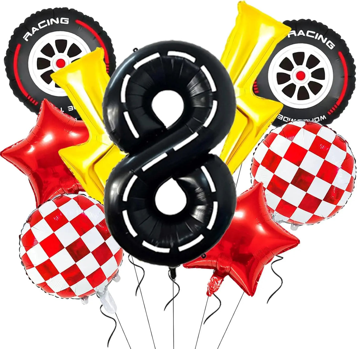 A set of nine foil balloons, including a black number eight and racing themed yellow and red balloons for a birthday party de