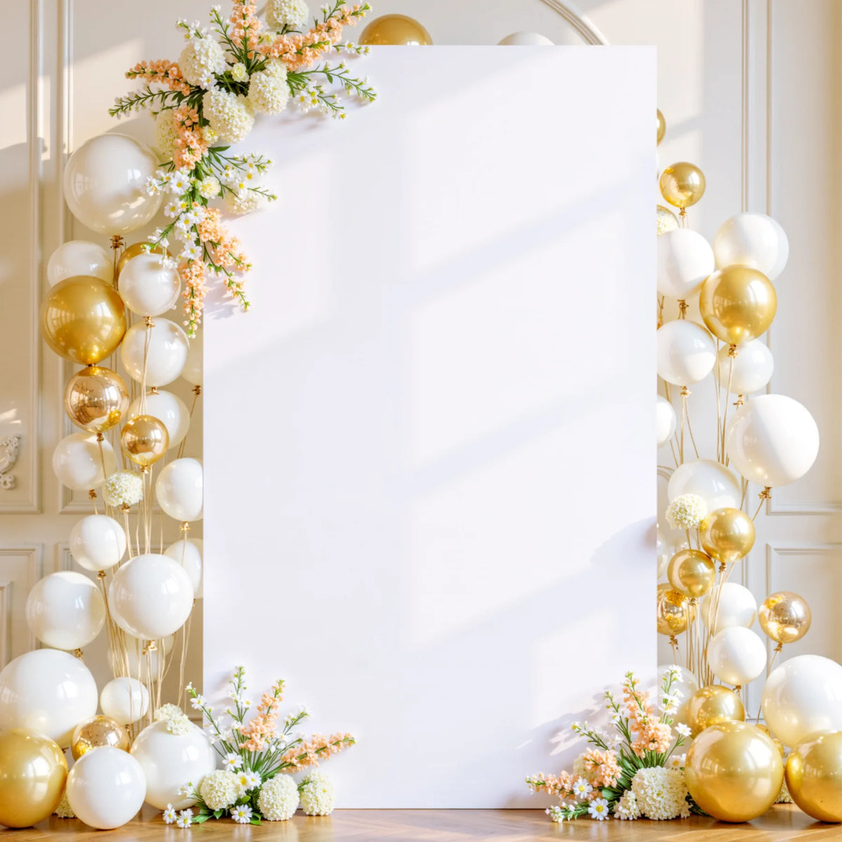 Fondo cuadrado blanco con arco decorado con globos dorados y blancos y arreglos florales.