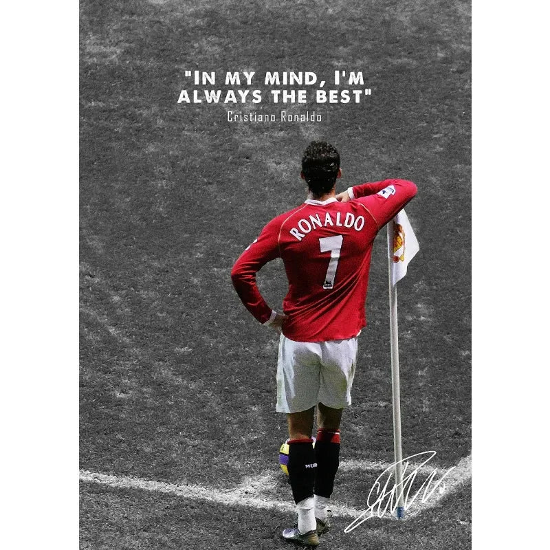 A black and white photo of Cristiano Ronaldo in a red shirt standing on a soccer field.
