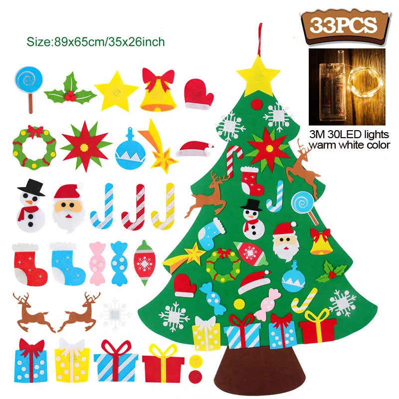 Colección de adornos navideños de fieltro, incluyendo estrellas, árboles, gorros de Santa y decoraciones festivas para un árb
