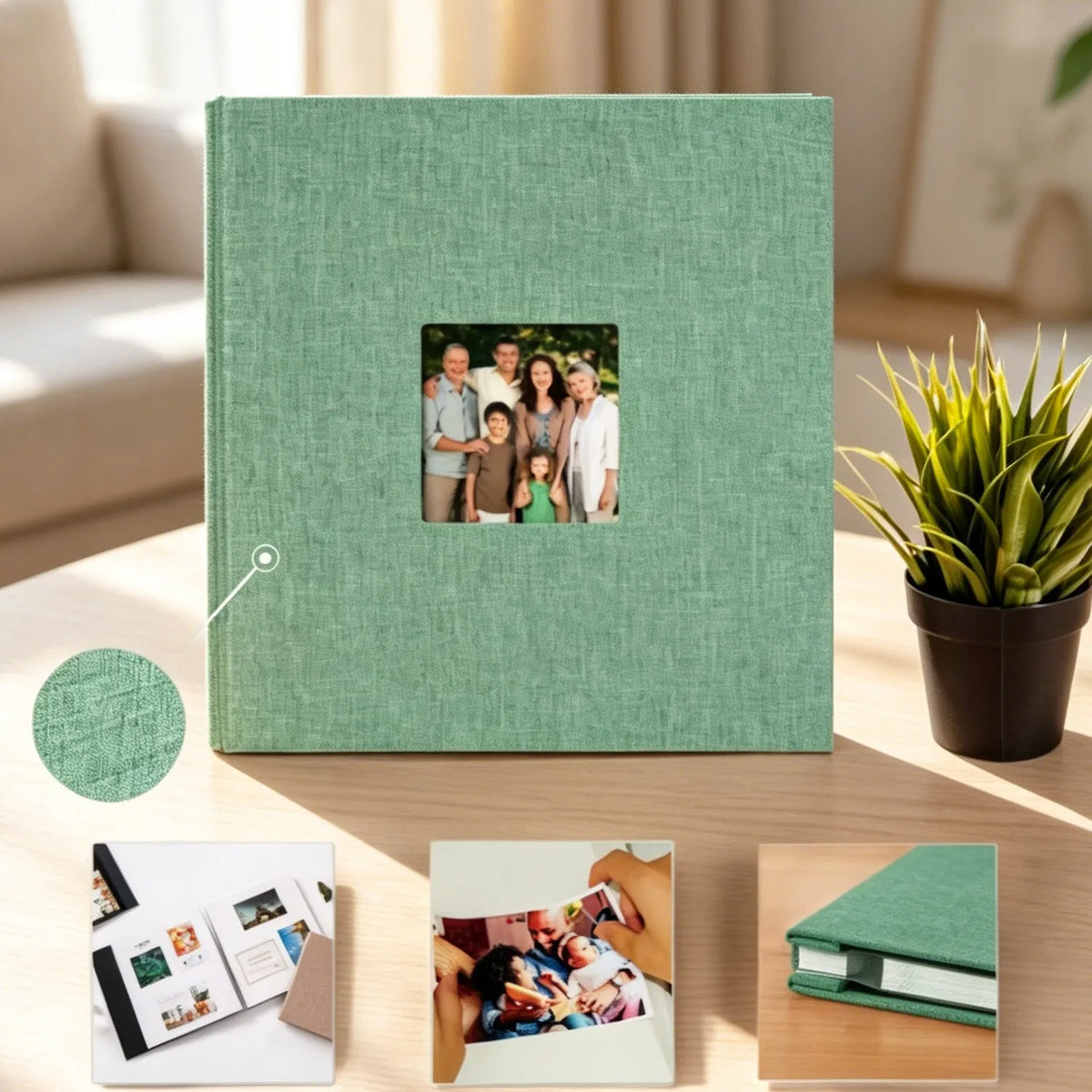 A green linen scrapbook memory book with a photo of a family is displayed on a wooden table.