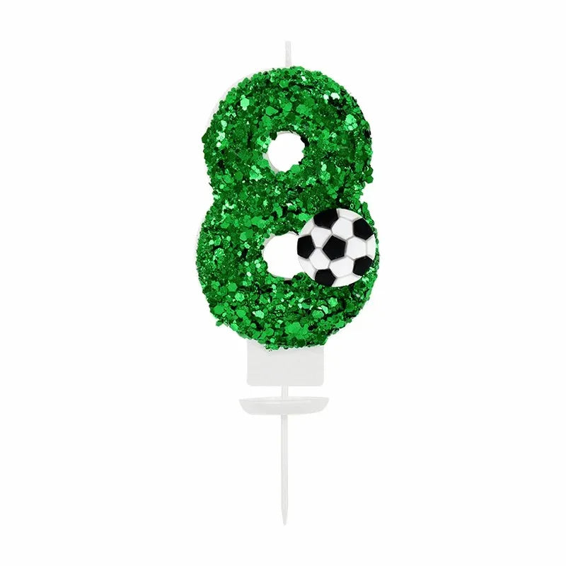 Green glitter number 8 shaped like a soccer ball for a birthday candle display