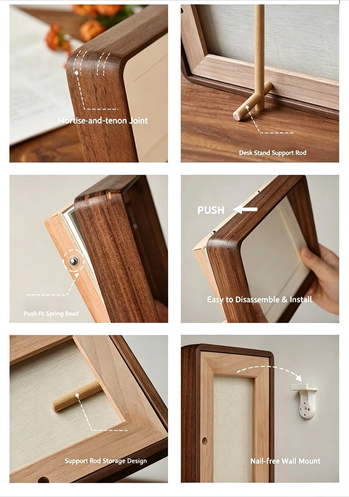 Various assembly and mounting methods for a walnut wood photo strip frame, including mortise-and-tenon joints, push fit beads
