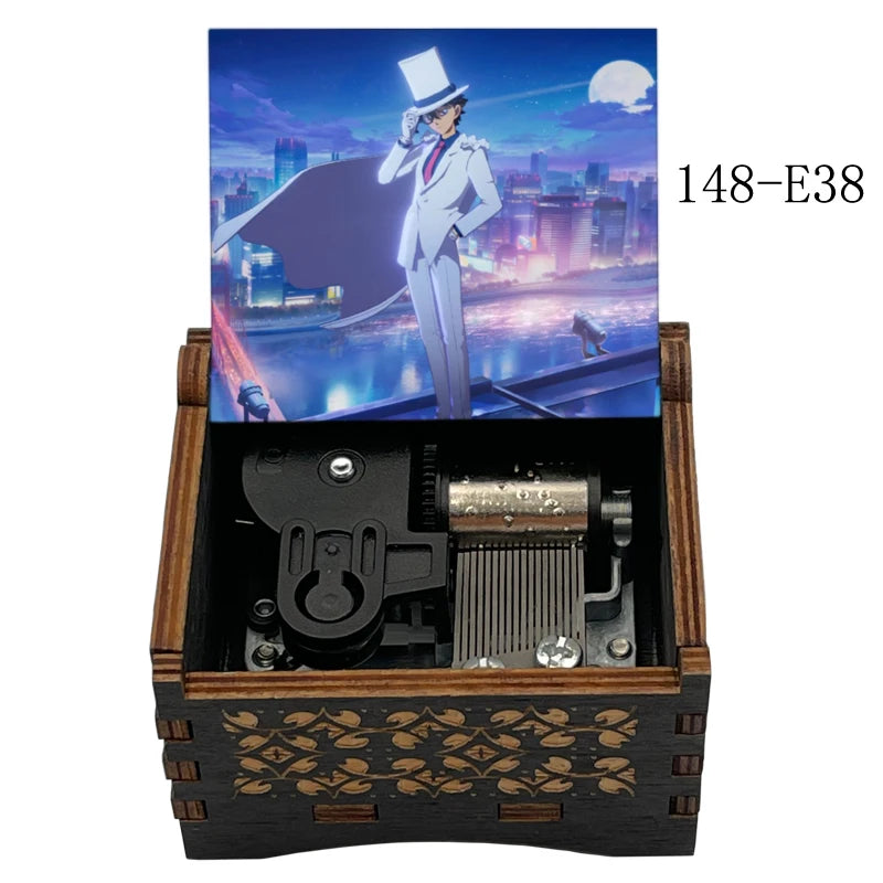 A wooden music box featuring an illustration of a Detective Conan character against a city skyline.