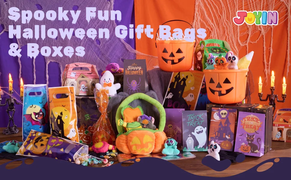 Présentation de sacs et boîtes cadeaux d'Halloween effrayants avec des citrouilles oranges, du violet et du vert, et des déco