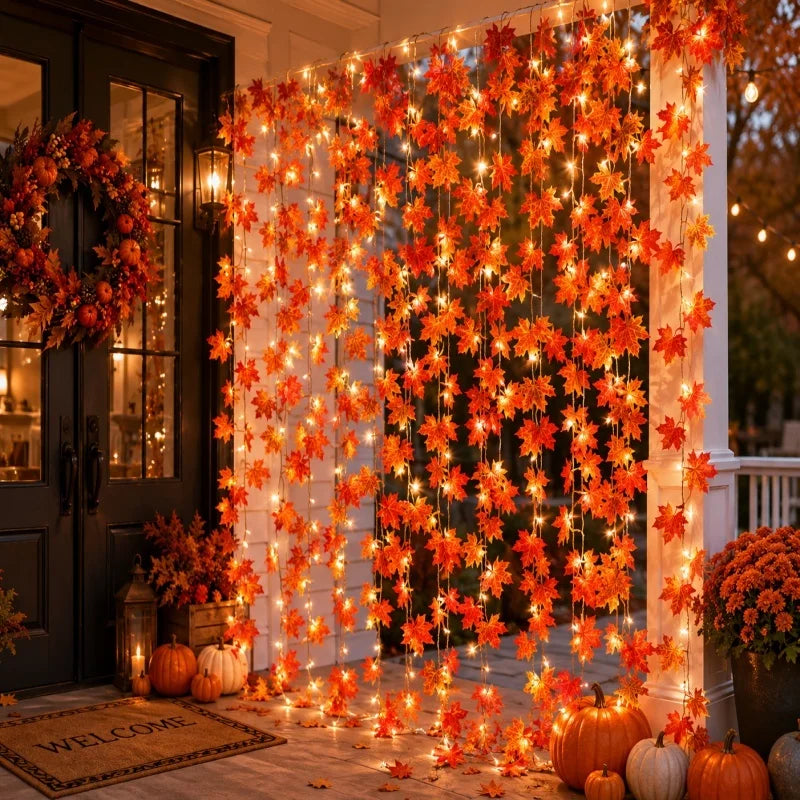 An autumn maple leaf vine garland with orange LED lights hangs across a white pillar and glass door.