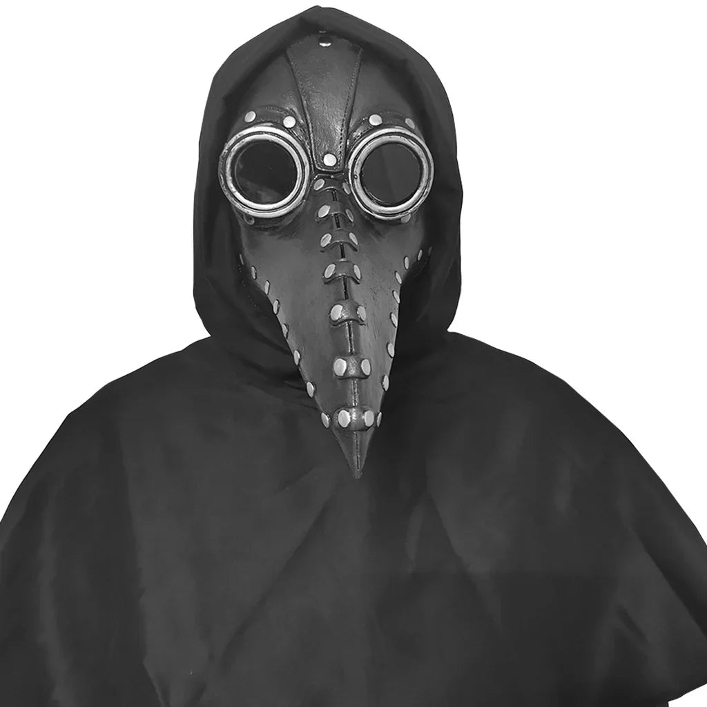 A black plague doctor bird mask with large round goggles and a long beak, worn over a dark cloak.