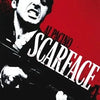 Affiche de film dramatique en noir et blanc d'Al Pacino dans Scarface sur fond rouge.