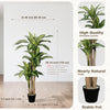 A tall artificial Dracaena tree with green leaves and a textured trunk planted in a black pot.