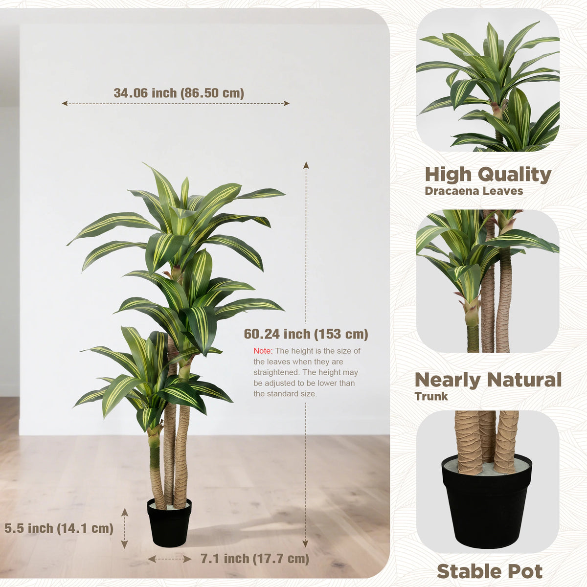 A tall artificial Dracaena tree with green leaves and a textured trunk planted in a black pot.