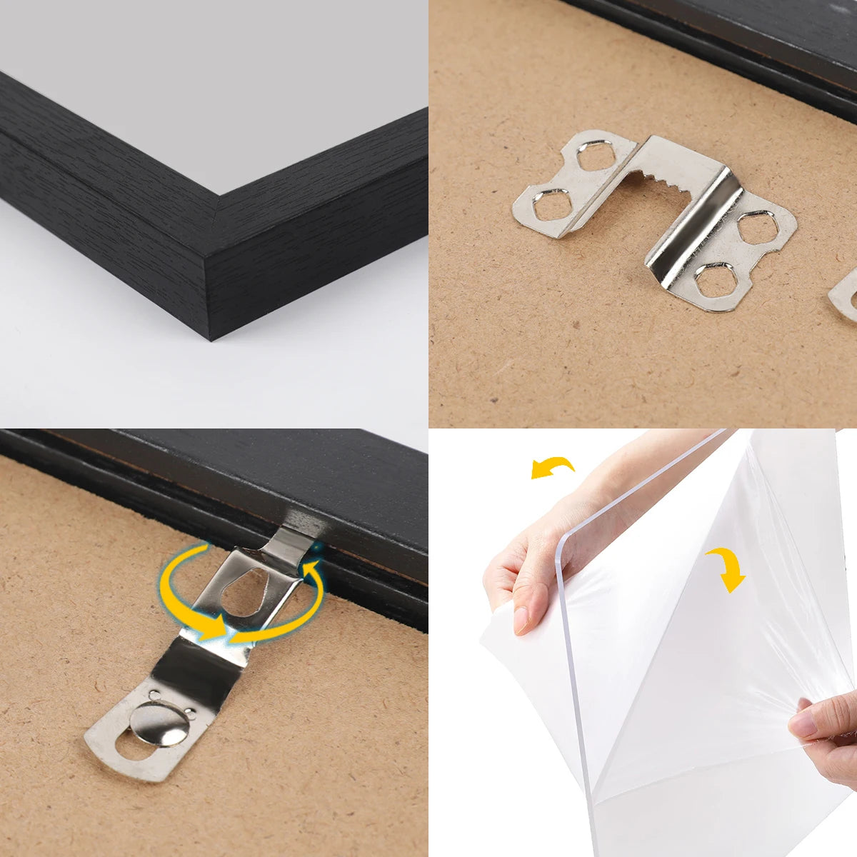 A set of metal photo canvas posters and a wood frame for custom photo printing.