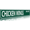 A green vintage metal street sign for Chicken Wings Ave.