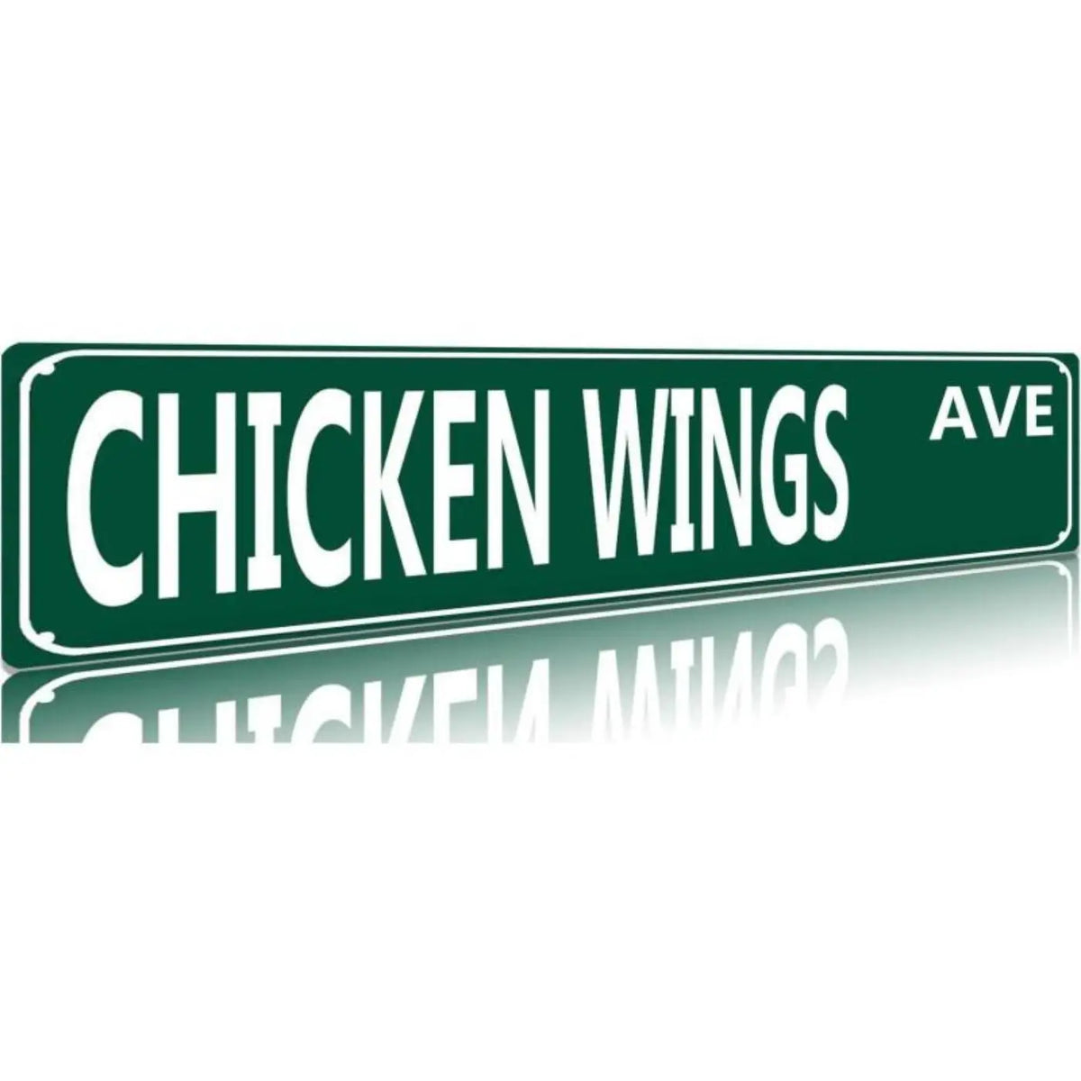 A green vintage metal street sign for Chicken Wings Ave.