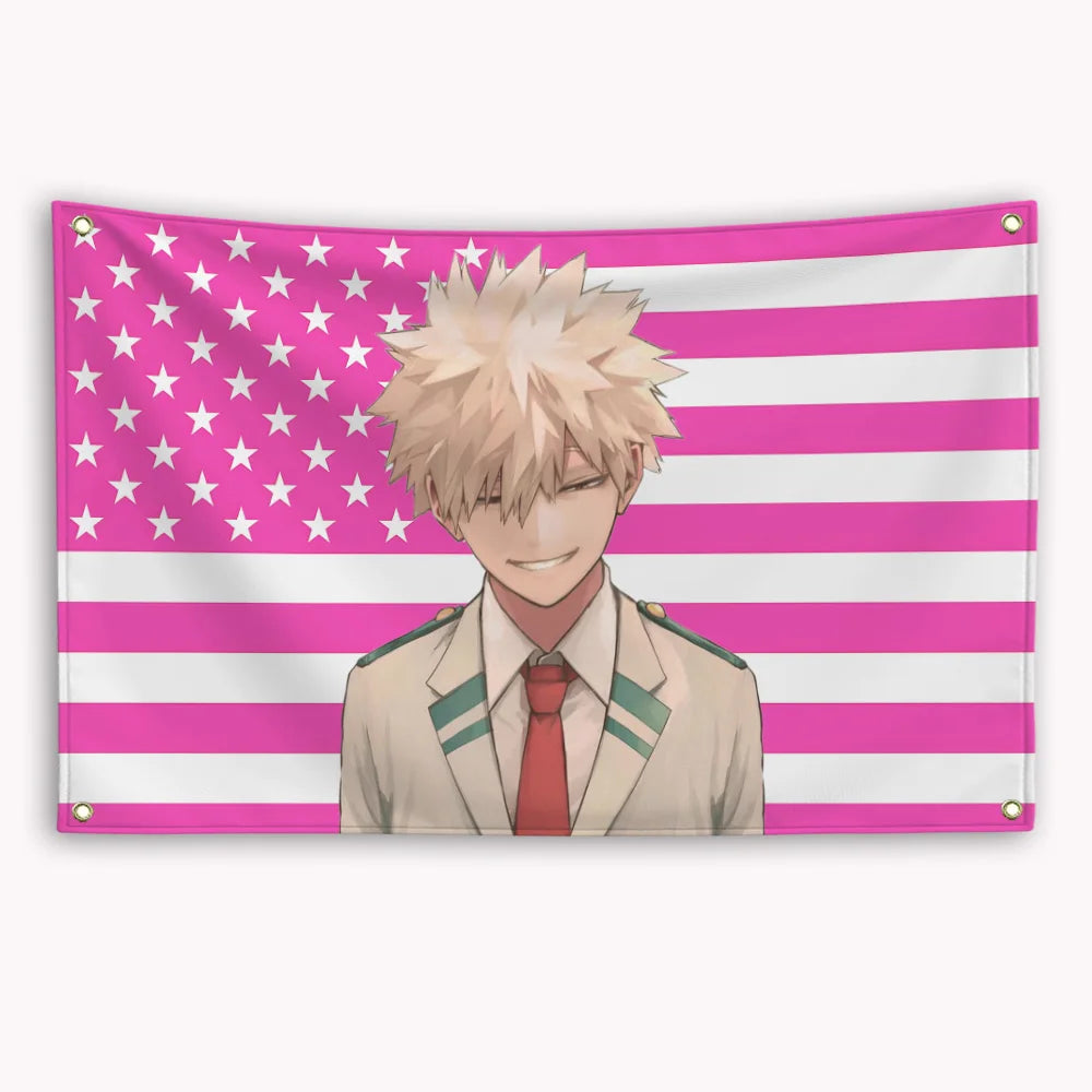 A banner featuring My Hero Academia Bakugou Katsuki in a uniform against an American flag design.
