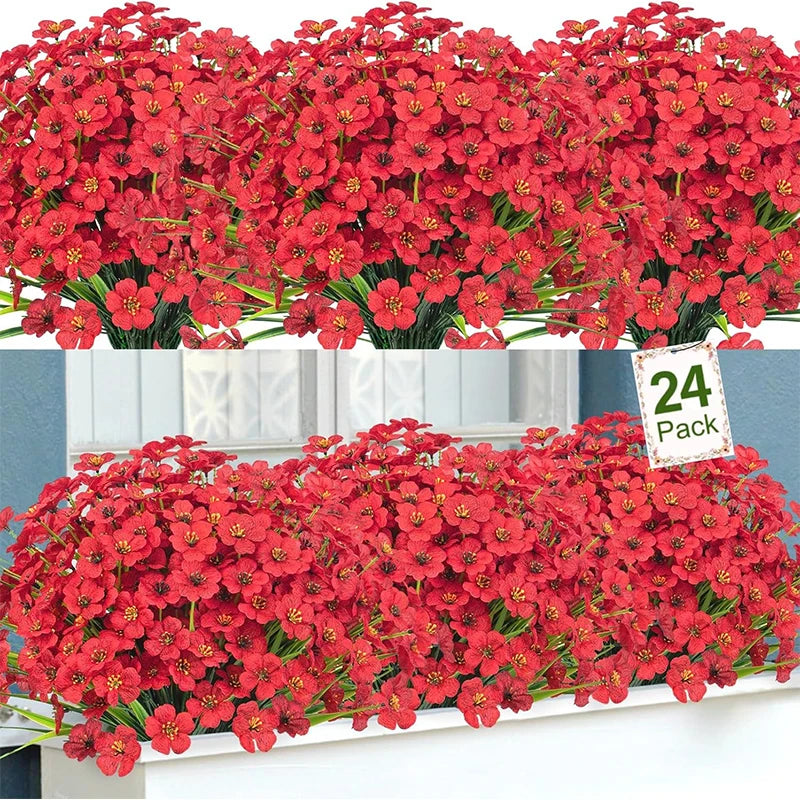 A dense bouquet of bright red silk artificial flowers used for home and event decoration.