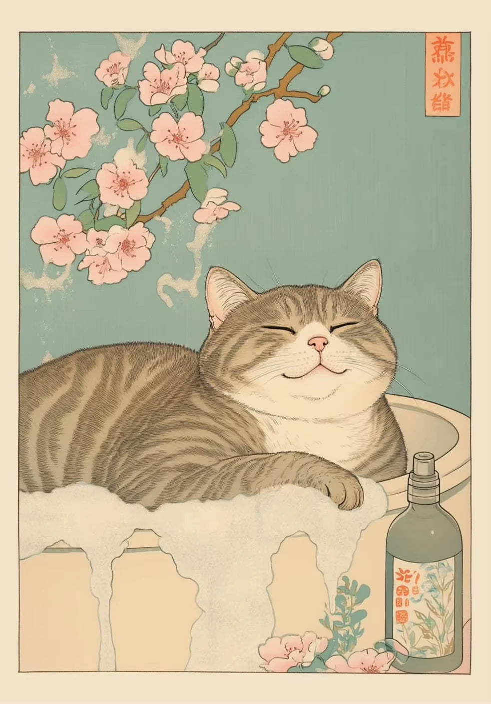 A watercolor illustration of a tabby cat resting on a light surface with pink blossoms and a glass bottle.