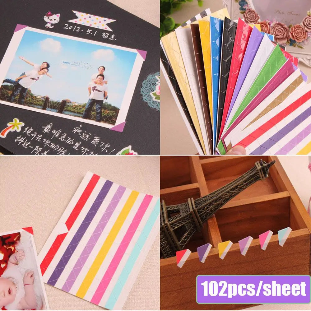 A collection of colorful PVC photo corner protectors in various stripes and solid colors for scrapbooking and albums.