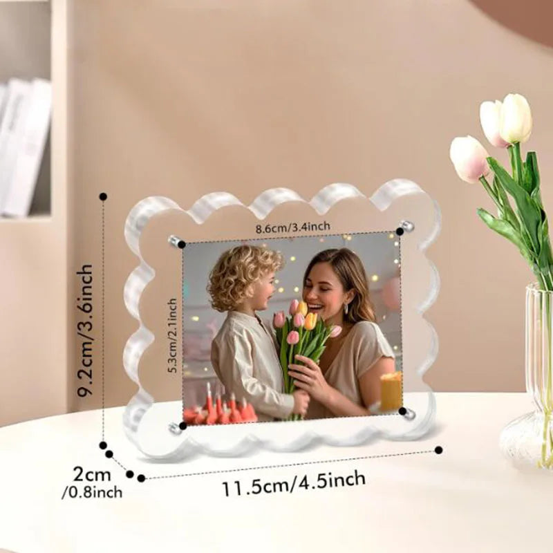 A magnetic acrylic photo display frame featuring a woman holding a bouquet of tulips.