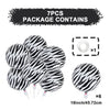 A package containing seven black and white striped foil balloons, including six balloons and six attached sticks.