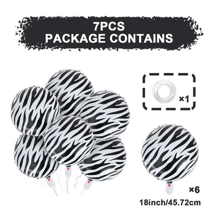 A package containing seven black and white striped foil balloons, including six balloons and six attached sticks.