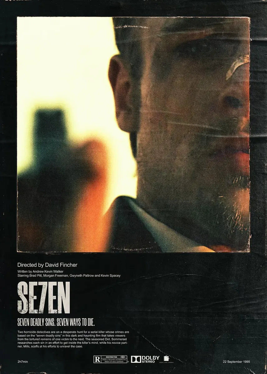 Movie poster for Seven featuring a close-up of a man's face against a bright background.
