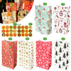 A collection of red and green Christmas themed kraft paper gift bags with seal stickers in various designs.