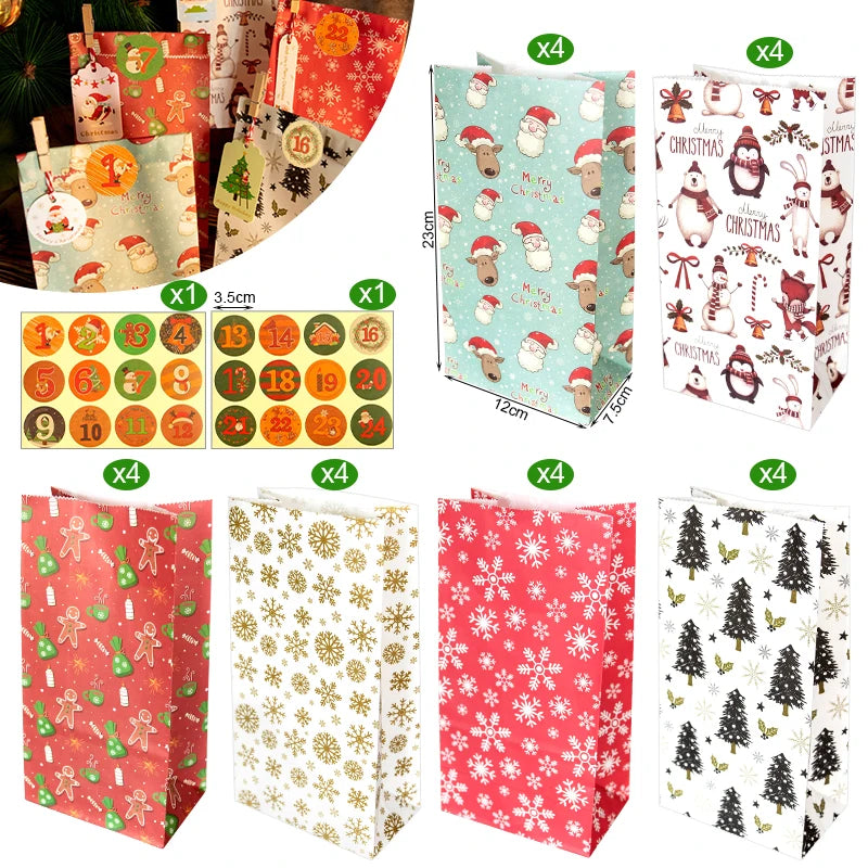 A collection of red and green Christmas themed kraft paper gift bags with seal stickers in various designs.