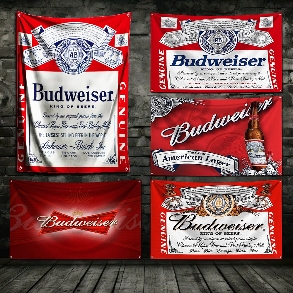 A set of genuine Budweiser beer-themed decorative flags featuring the King of Beers logo and branding.