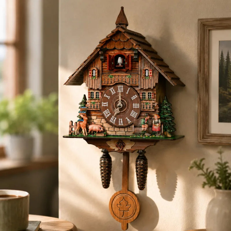 A vintage wooden cuckoo clock with an hourly chime mounted on a wall.